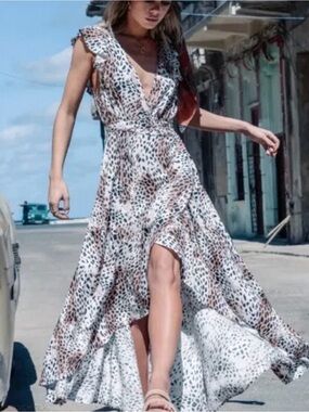 Kivari Animal-Print Maxi Dress in White and Brown